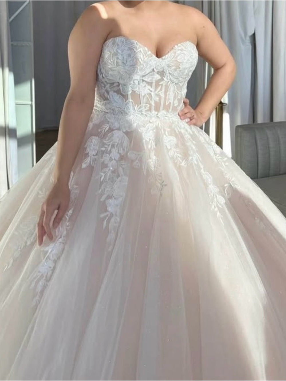 Strapless Floral Lace Ball Gown Dress in Ivory Blush